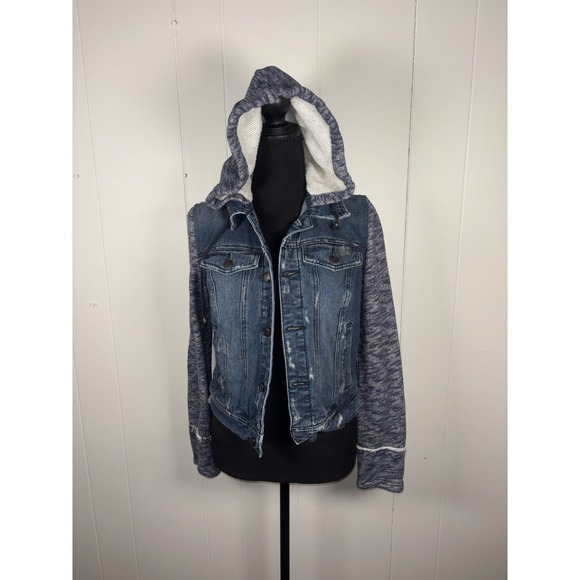 Free People Women's Cotton Denim Jean Woven Knit Sleeves Hoodie Jacket Blue Gray - Picture 1 of 10